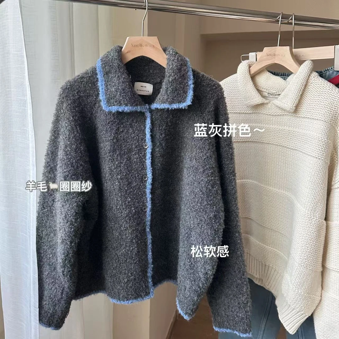 小文姐 W1010-春季韩版复古翻领开衫毛衣宽松慵懒减龄针织衫女