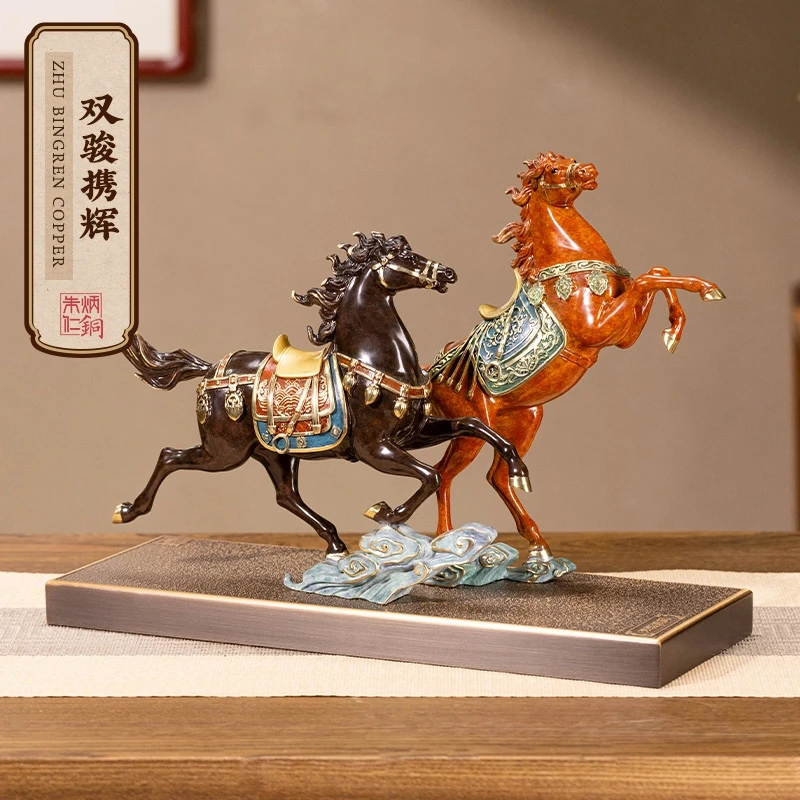 朱炳仁铜【双骏携辉】大气手工陶瓷创意家居客厅玄关摆件马酒柜电视