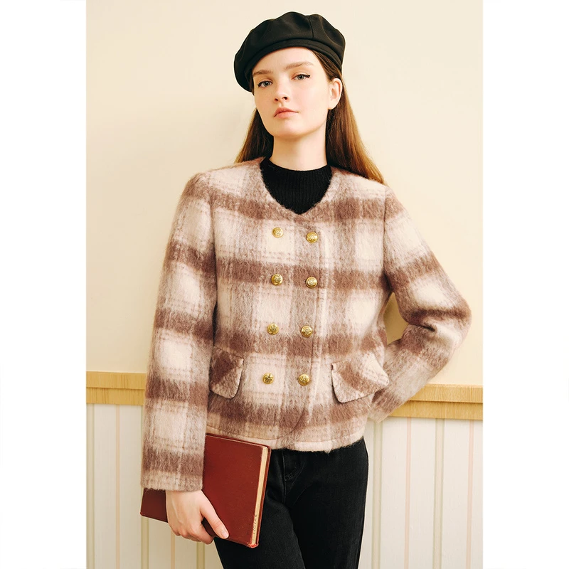 可颜时髦格纹新潮小香风减龄百搭短款羊毛女短外套AC53510850