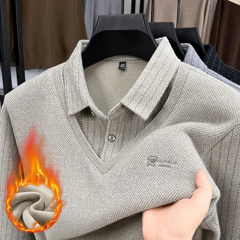 【爆款】冬季新款加绒加厚男士上衣休闲商务针织衫假两件毛衣男-K6