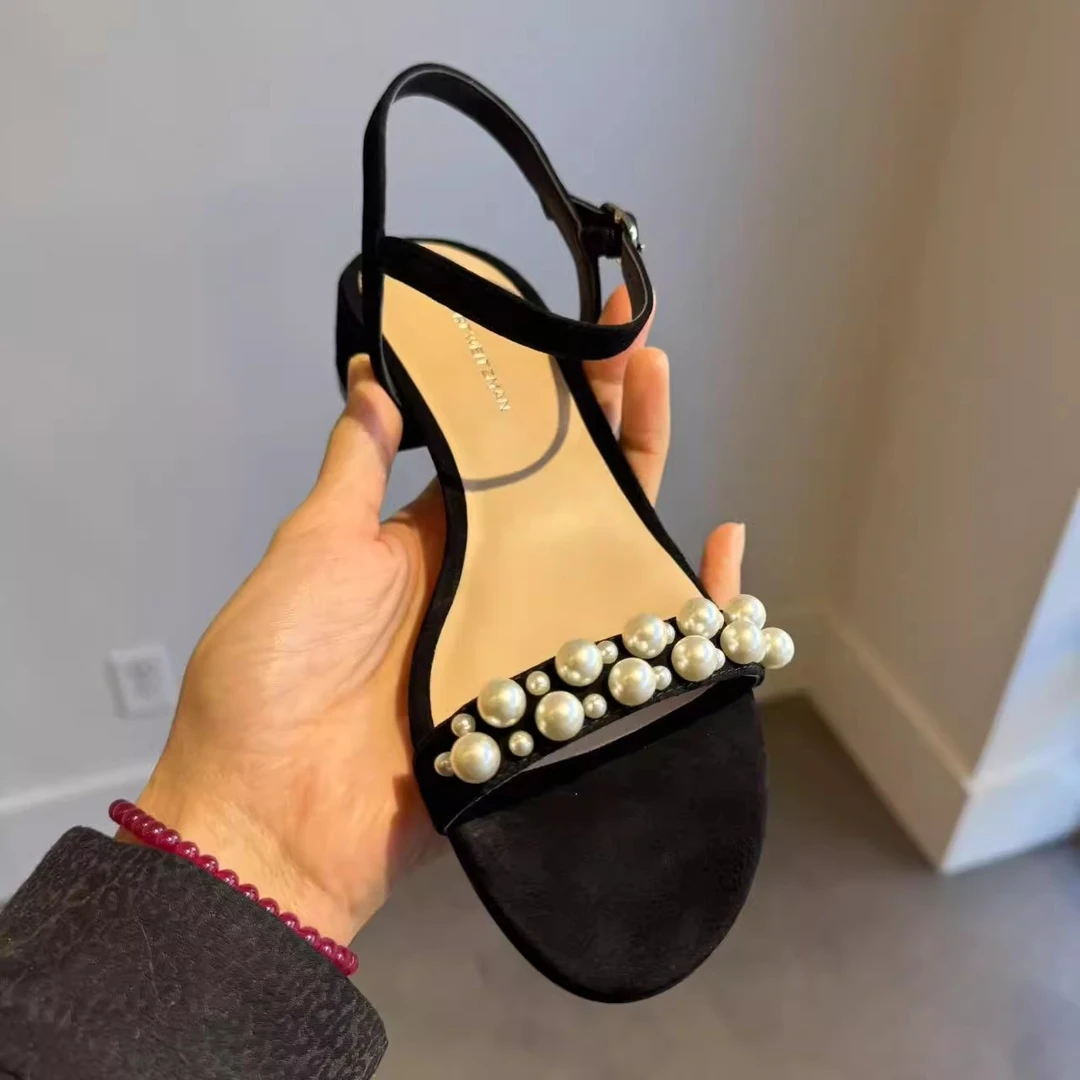 STUART WEITZMAN麂皮一字珍珠粗跟凉鞋GOLDIE 35 BLOCK SAN
