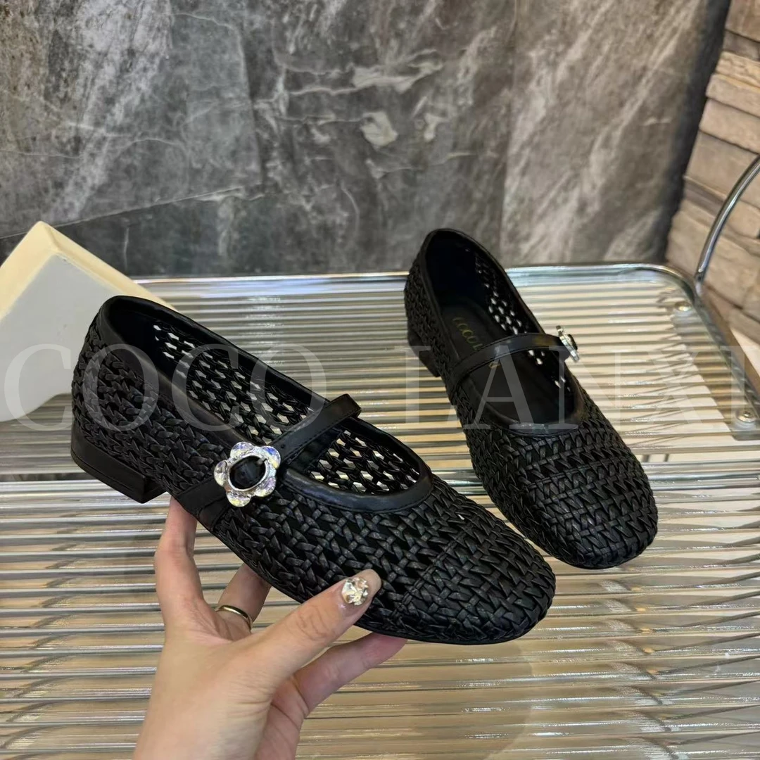 【沐风】百搭女士黑色软底春夏浅口编织小单鞋24DX256LX