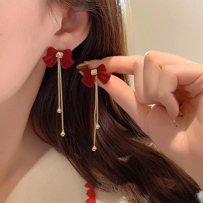 合金耳饰 留恋~两戴丝绒流苏蝴蝶结酒红色耳环