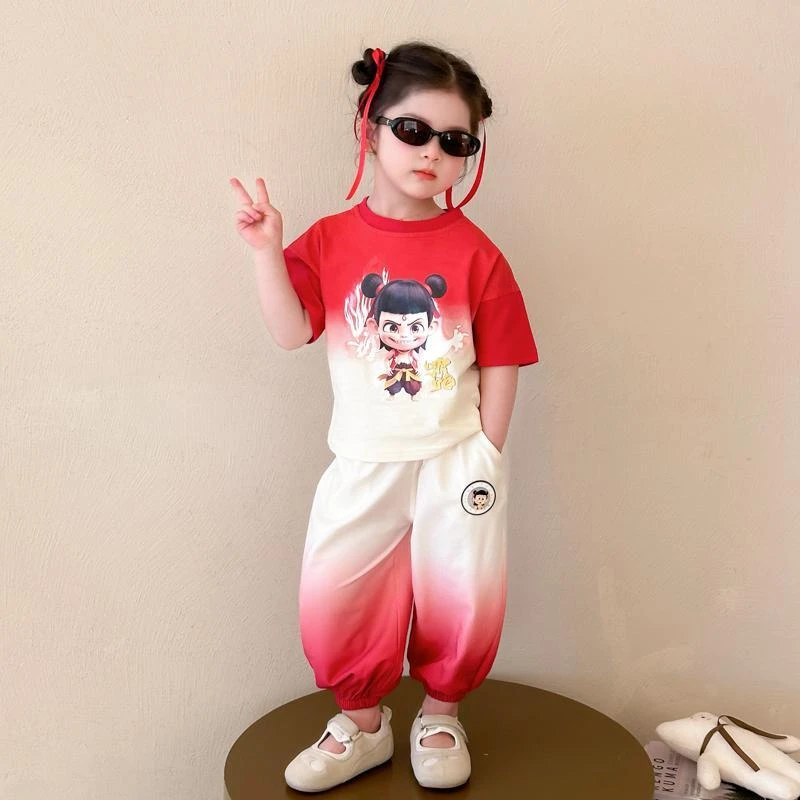 姐弟装儿童哪吒衣服夏款2026新款吊染中小童男童女童短袖运动套装