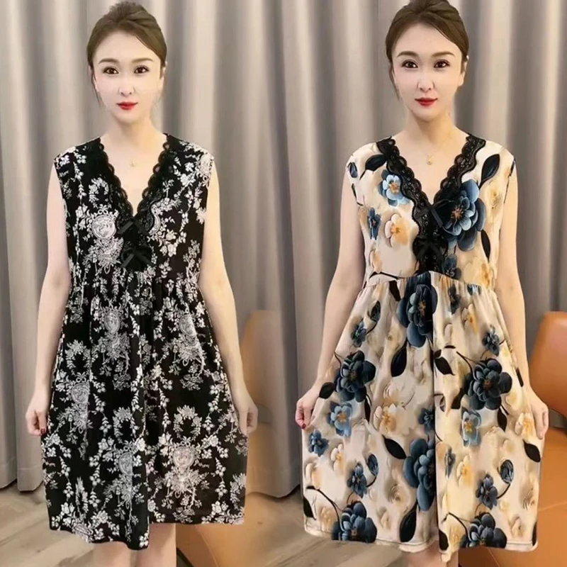 2025夏季新款V领蕾丝睡裙大码宽松舒适家居服宽肩坎袖睡衣可外穿