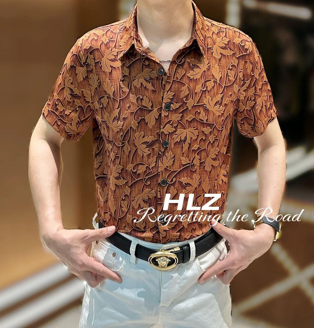 2025夏季新款男士休闲时尚定制竹叶雕花百搭修身薄款翻领短袖衬衫