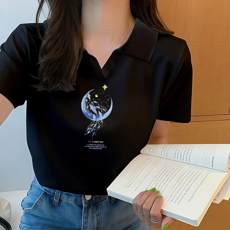 欧货纯棉polo领黑色短袖t恤女2025新款夏季宽松减龄打底衫上衣ins
