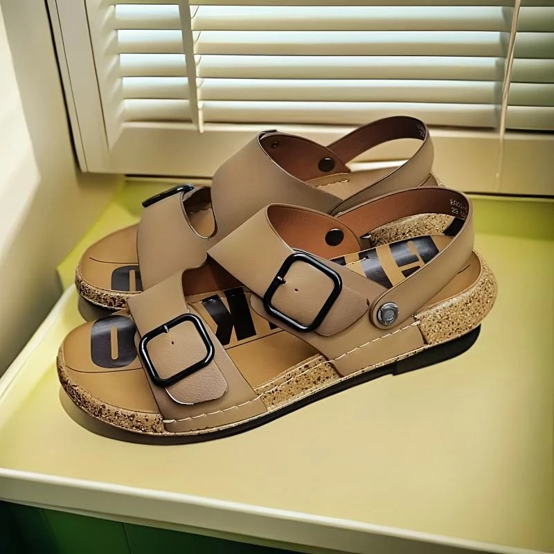 头层牛皮夏季男士一脚蹬时尚软底透气百搭舒适复古外穿露趾沙滩鞋