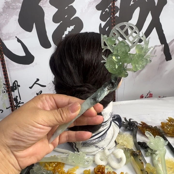 绿***海定制蛇纹石玉毛货发饰
