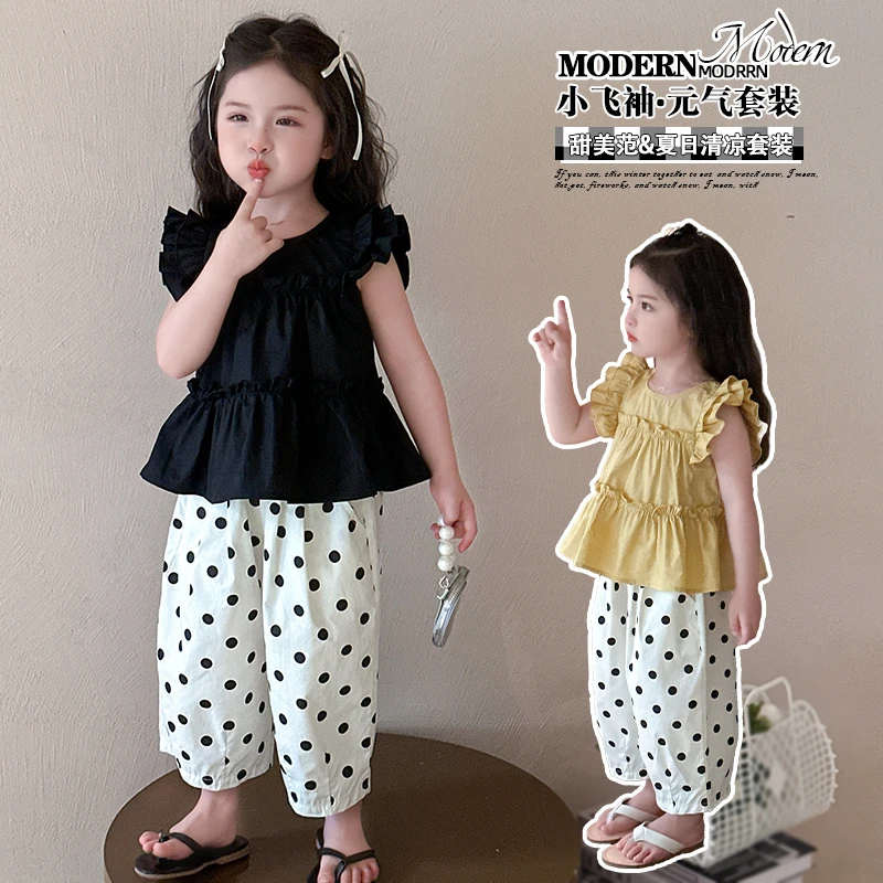 儿童夏装时髦女童娃娃衫飞袖套装小女孩衣服女宝宝波点裤两件套潮