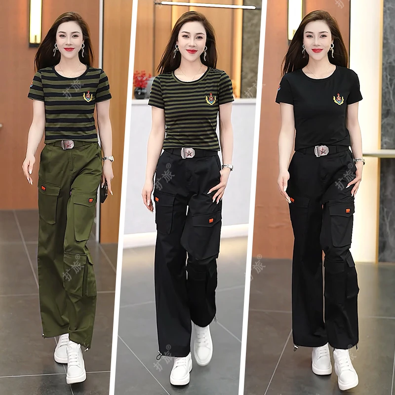 女士休闲服套装圆领短袖工装裤运动套装显瘦显瘦时尚夏季6681+105