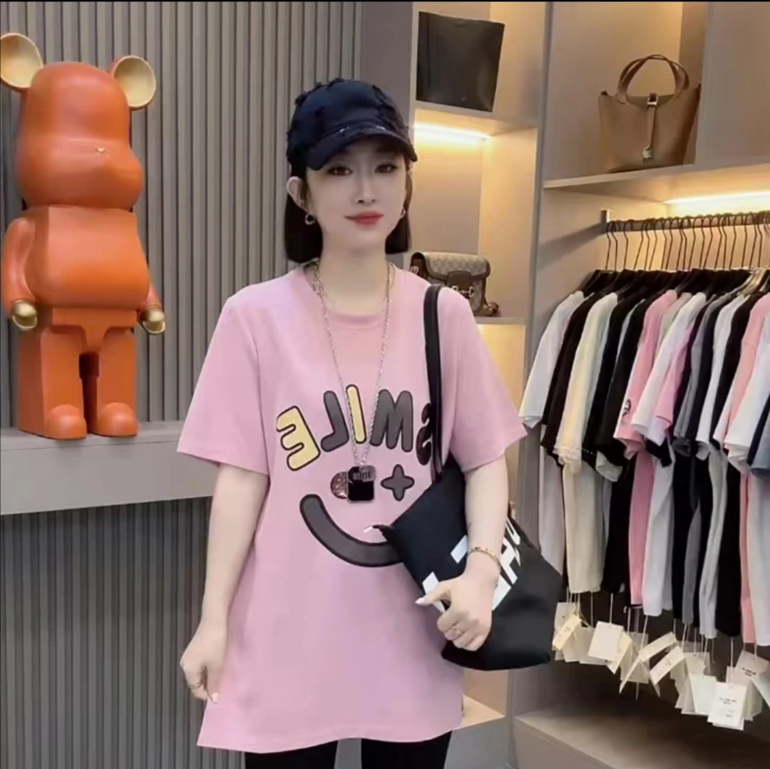 2025新款彩色字母笑脸宽松T恤遮肉显瘦百搭时尚减龄中长款衫夏季
