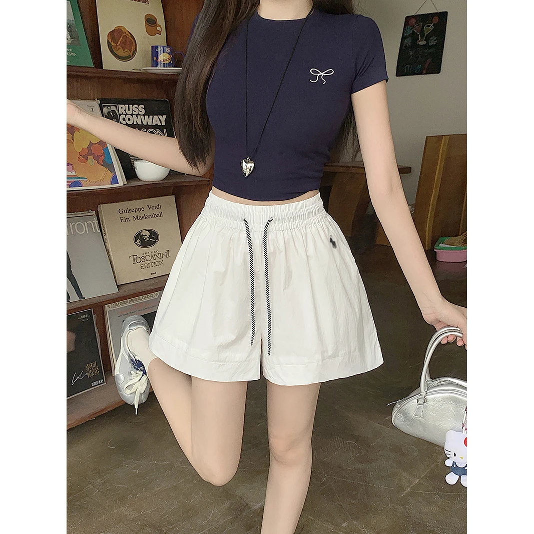 2025夏季新款夏装胖mm大码女休闲百搭松紧腰抽绳显瘦刺绣a字短裤