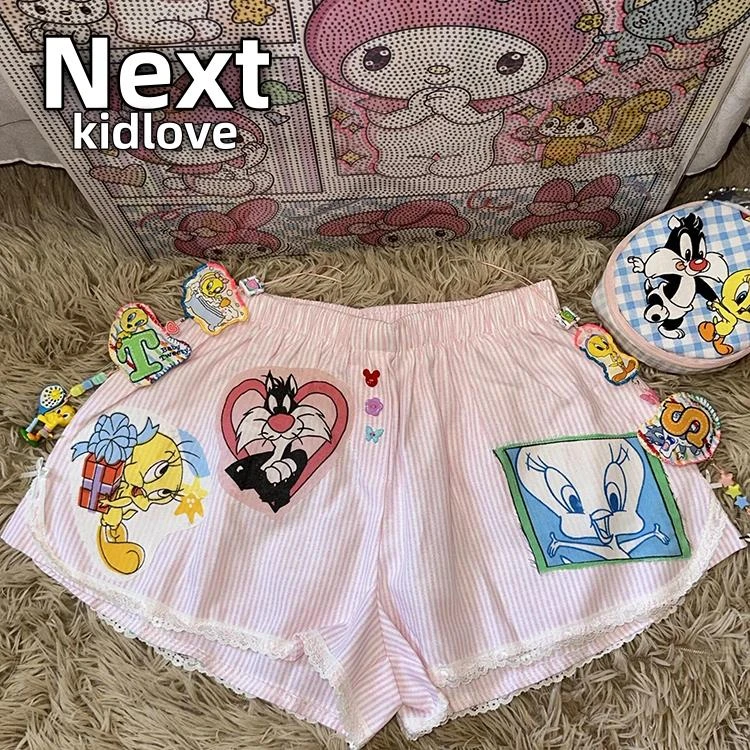 NEXT粉色蕾丝花边拼接条纹睡裤女夏季可出门短裤宽松遛弯大码家居