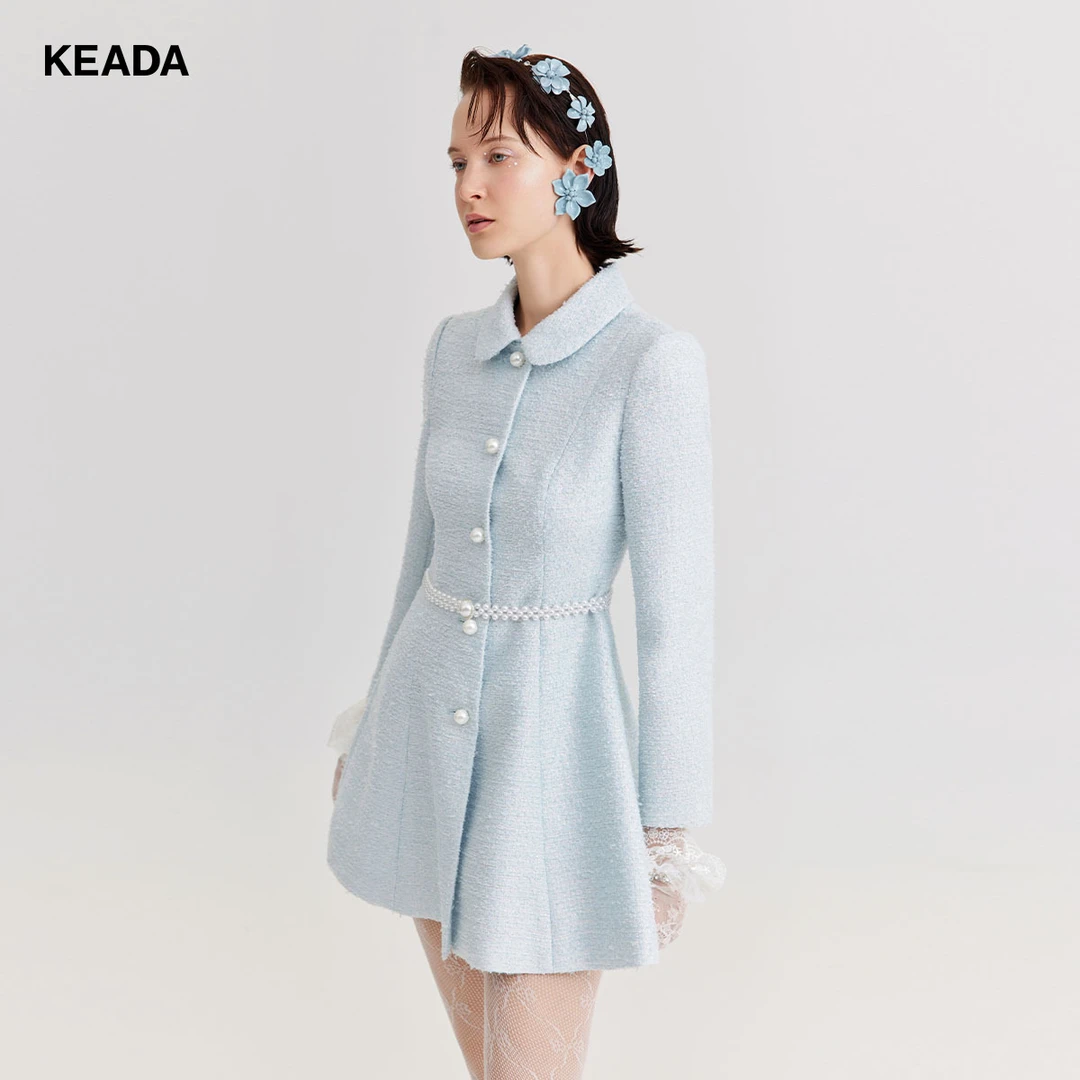 KEADA亮丝小香风毛呢外套女大衣千金范中长款收腰KSN3WO4035