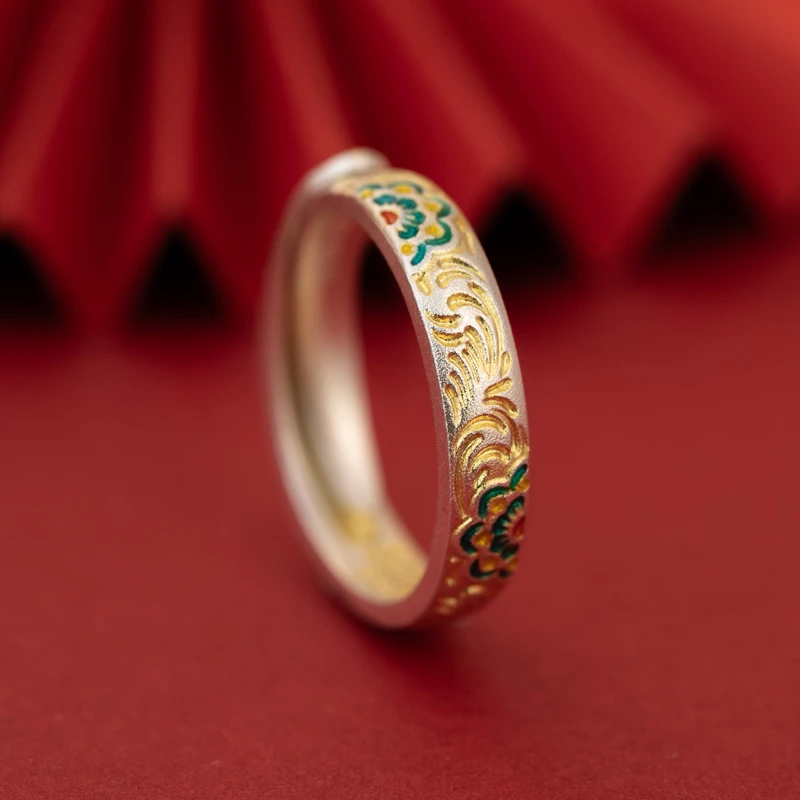 足银戒指 999珐琅描金宝相花唐草纹国风纯银指环女三八节礼物