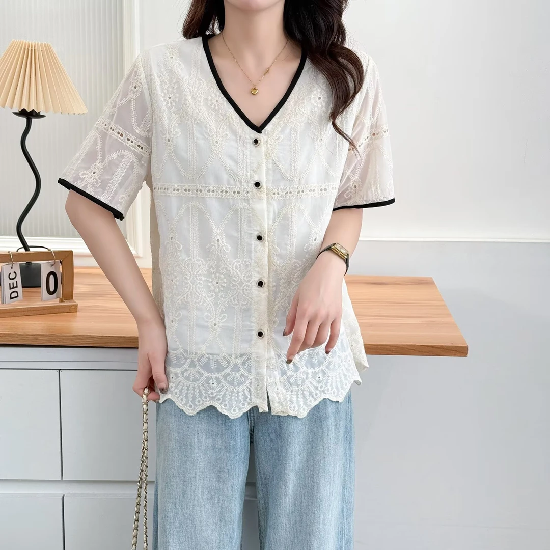 JIANAOBEN/简澳本大码小香风V领短袖衬衫2025夏季设计感显瘦上衣