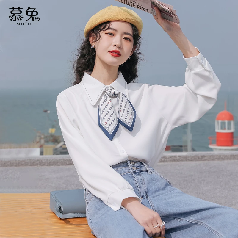 慕兔盐系甜美白色雪纺衬衫女2025春季新款别致设计感小众长袖上衣