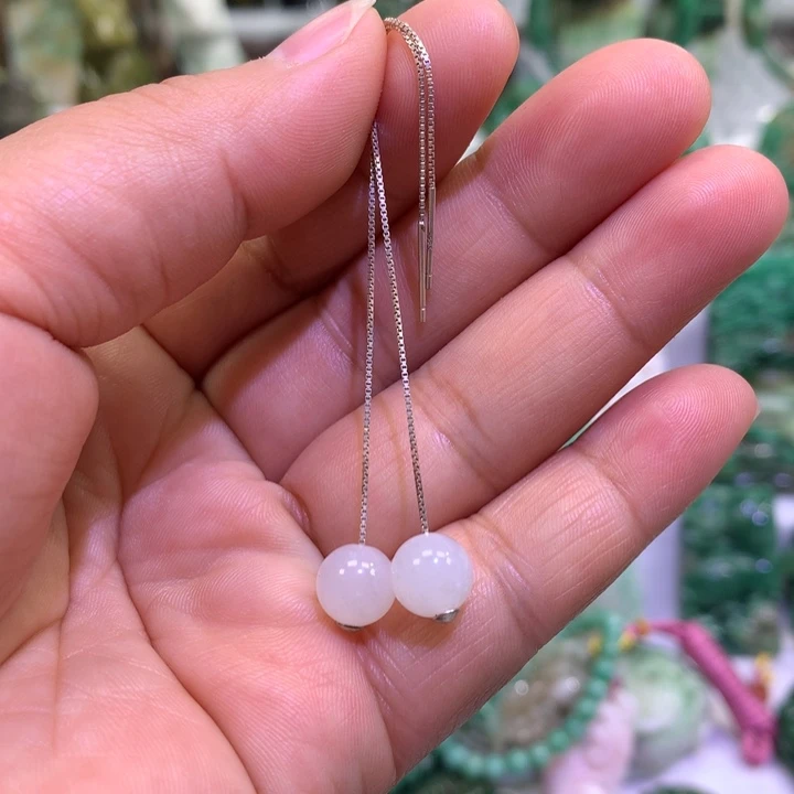 独山玉银S925镶嵌卡8圆珠耳坠