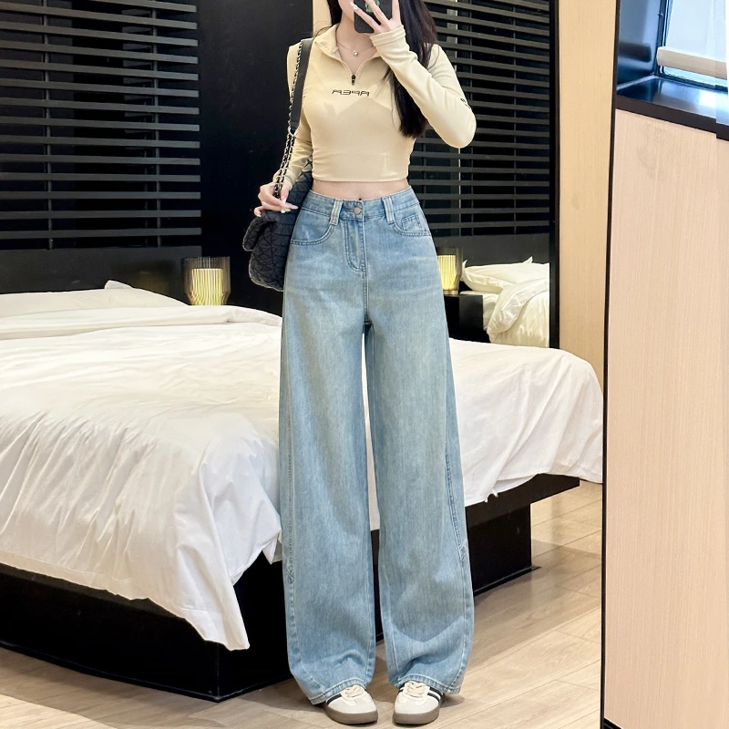 复古蓝阔腿弯刀牛仔裤女2025年秋季新款高腰窄版直筒镰刀香蕉裤