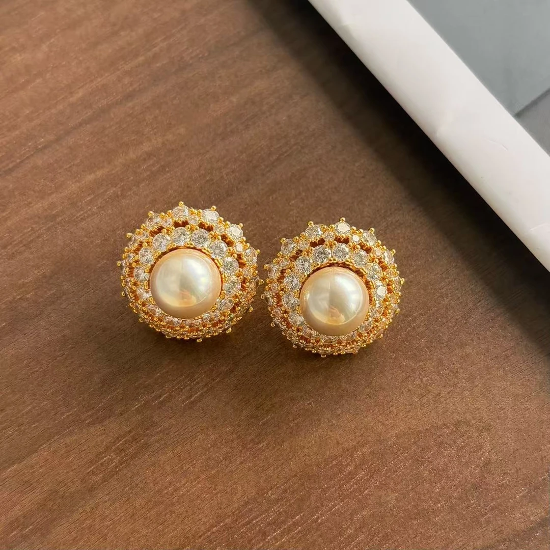 黄铜合成锆石耳饰 法式珠珠拼色中古轻奢耳环女复古优雅时尚耳钉