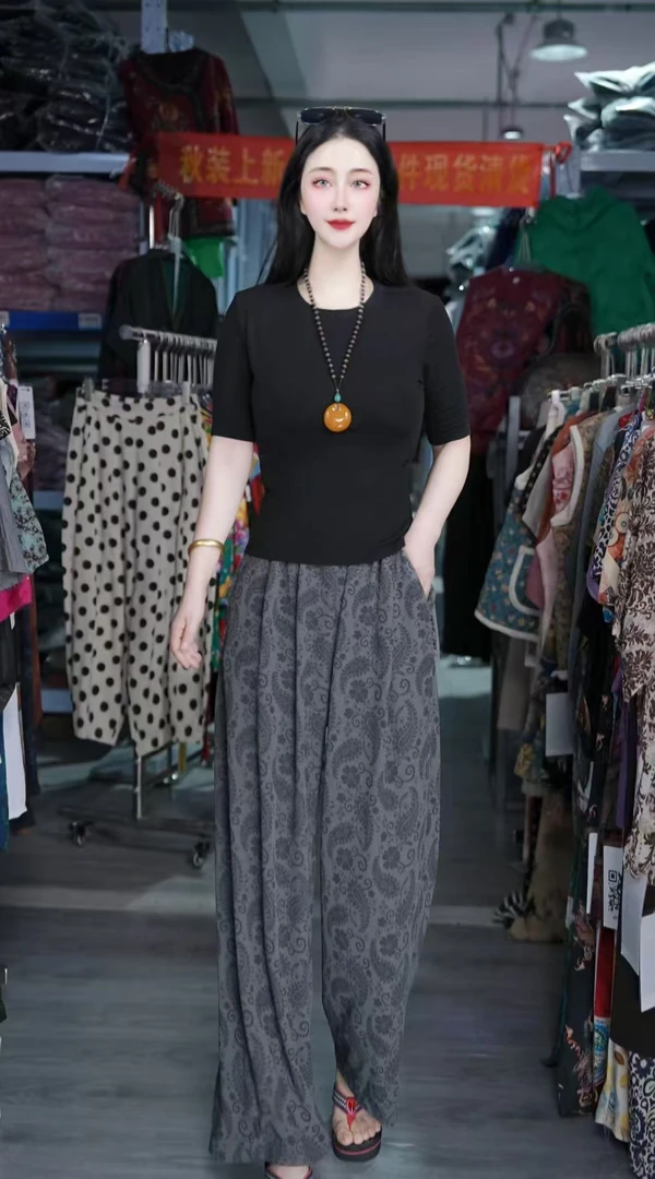 腰果花夏季松紧腰显瘦提花直筒高腰休闲裤百搭女宽松阔腿长裤