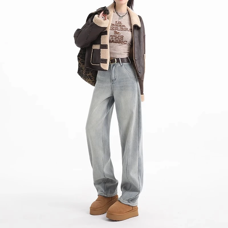 弯刀牛仔裤女秋季新款大码高腰宽松遮胯显瘦小个子时尚阔腿裤休闲