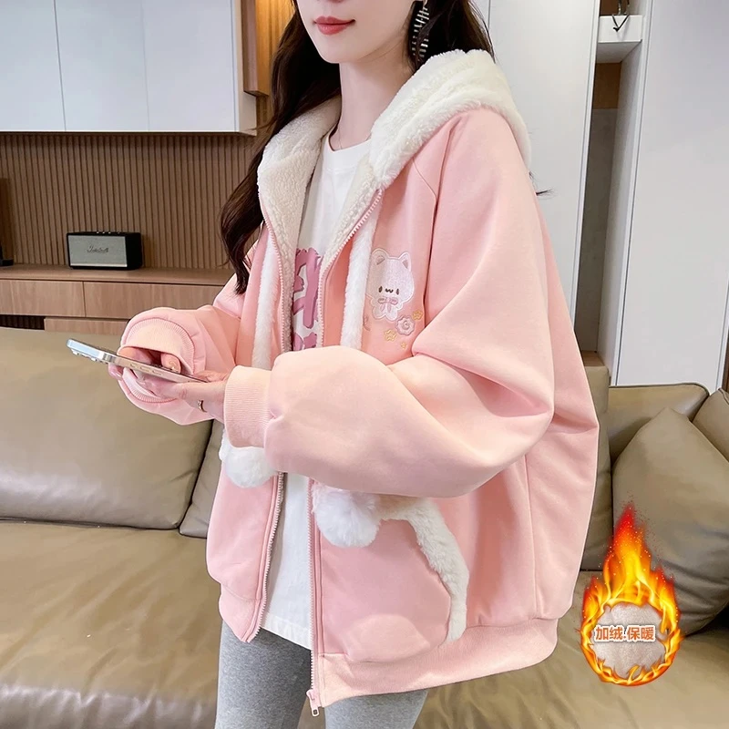 加绒加厚可爱萌羊羔毛外套女冬学院风宽松休闲连帽棒球服保暖棉服