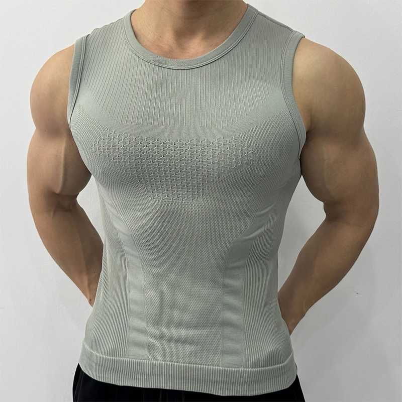 无缝紧身无袖男弹力显大运动背心跑步健身训练坎肩塑身上衣打底衫