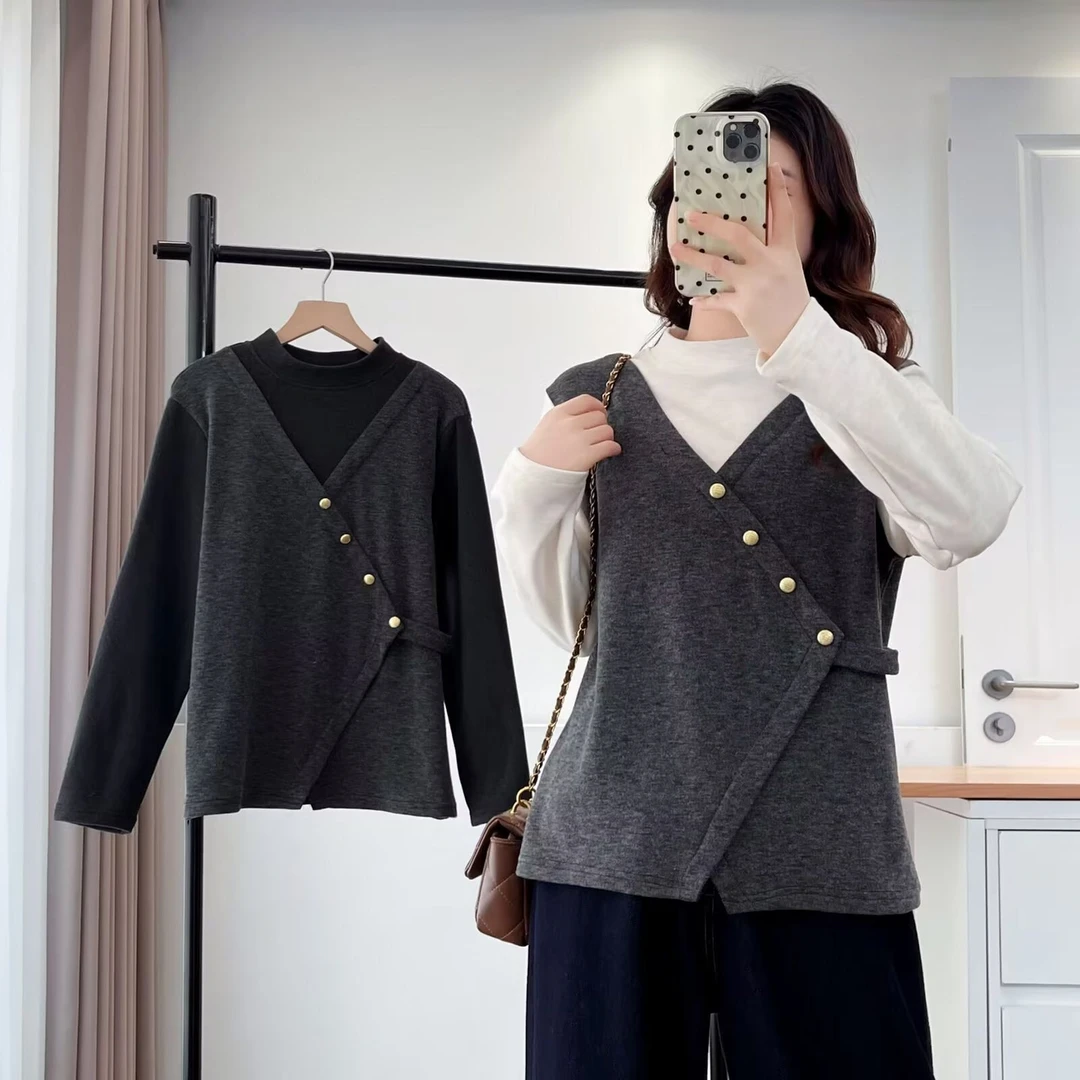 大码胖mm休闲假两件长袖打底衫秋冬新款减龄气质加绒T恤上衣2562