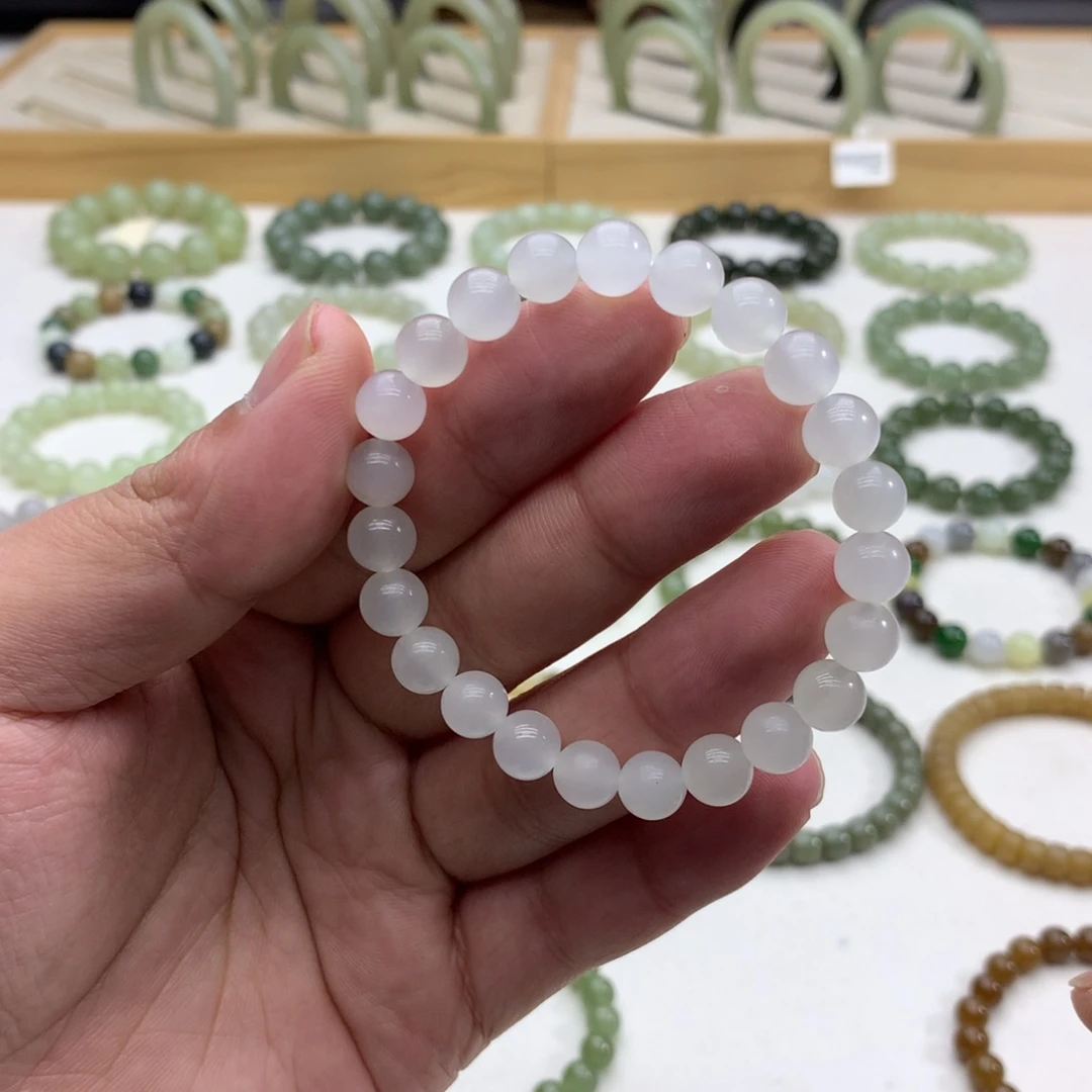 和田玉手串（冰白玉8）未镶嵌