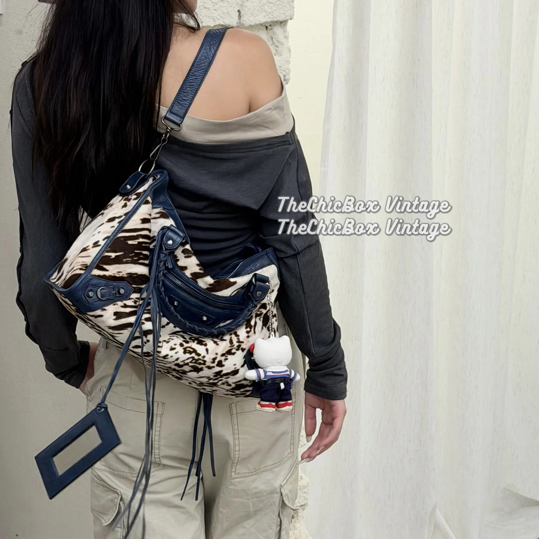 95新 Balenciaga/巴黎世家 只盒/马毛蓝白豹纹拼深蓝中号机车包