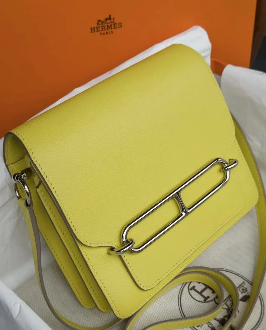 95新 Hermes/爱马仕 Roulis mini18柠檬黄银扣evercolor/73246621