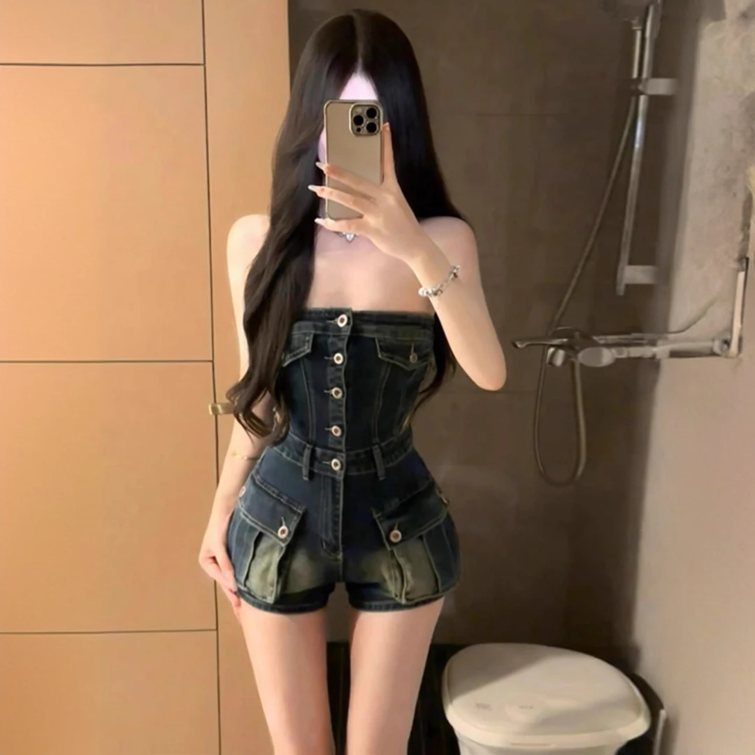 牛仔抹胸连衣短裤2025新款女夏季美式复古辣妹设计感时尚连身裤子