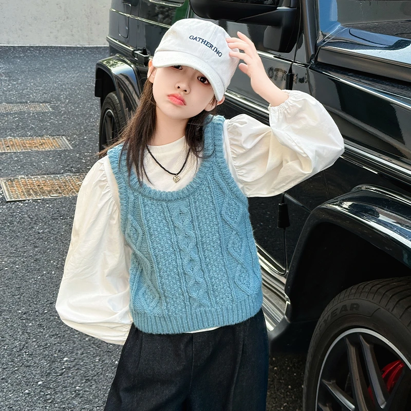 【嘻嘻柚】女童秋季2025新韩系背心马甲内搭衬衫宽松拼接阔腿裤套装