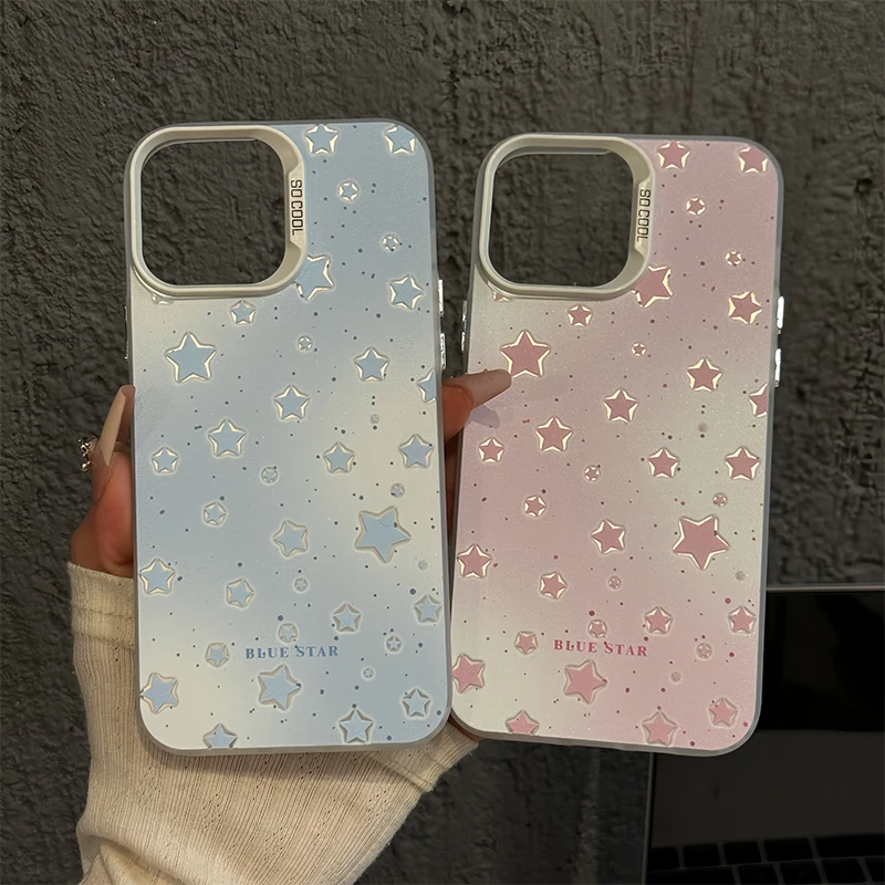 适用苹果16pro磨砂彩银14手机壳oppo华为p蓝色晕染星星防摔小米14