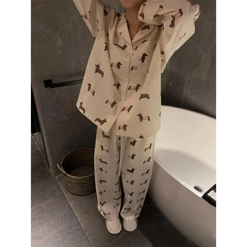 可爱腊肠狗印花长袖睡衣女款春秋款2025年新款大码家居服长裤套装