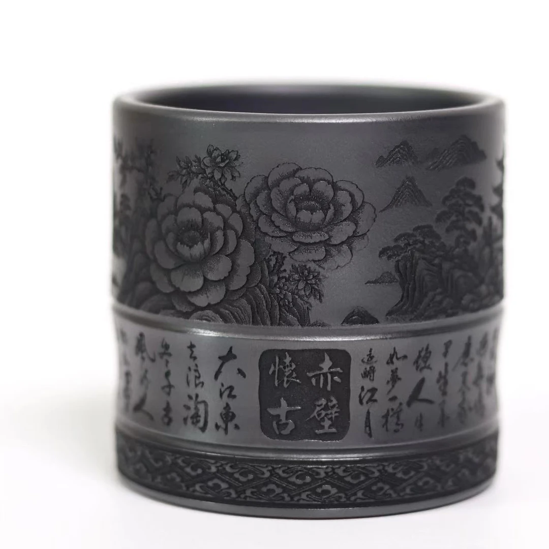 宜兴原矿石黄紫砂纯手工刻绘赤壁怀古高档茶杯紫砂茶杯150cc