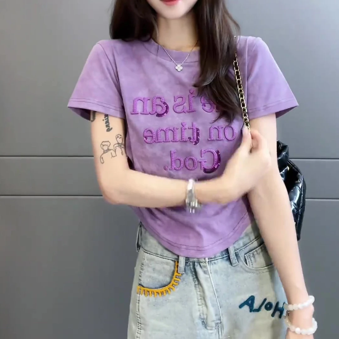 2025夏季新款 重工刺绣亮片字母短袖T恤女简约洋气修身显瘦上衣潮