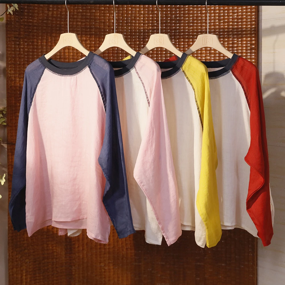 文艺拼色圆领苎麻衬衫 宽松撞色拼接薄款防晒上衣套头T恤 5SP395