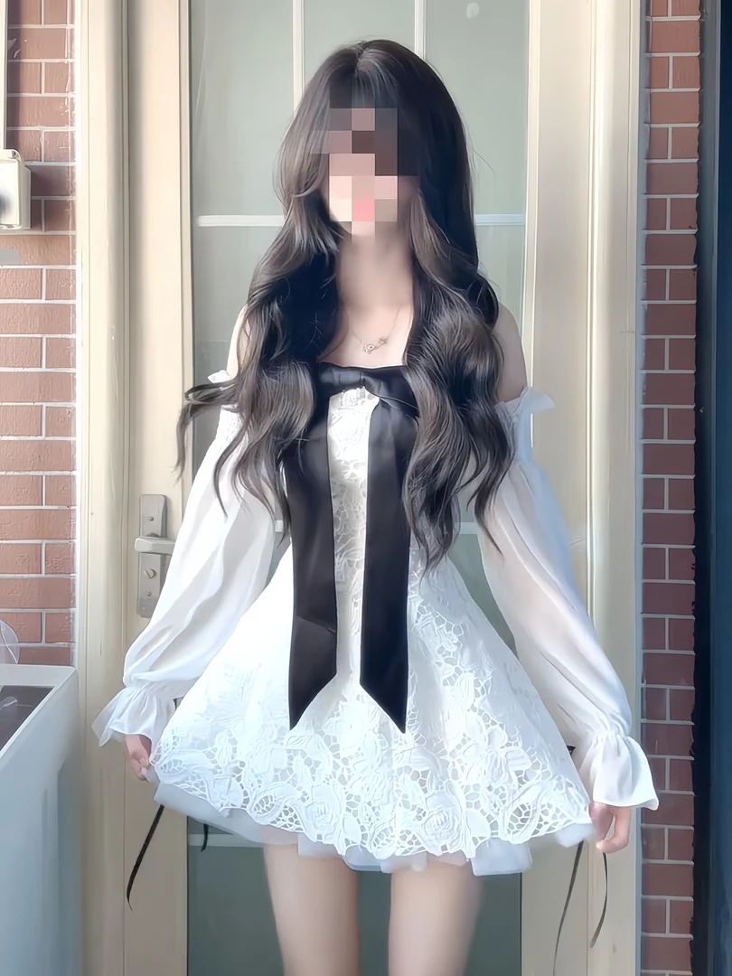 法式甜辣妹性感蝴蝶结一字肩连衣裙女装夏季新款纯欲蕾丝花边短裙