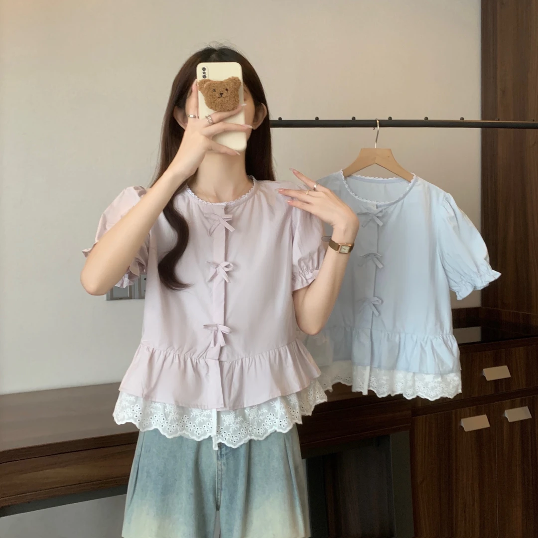 大码夏季新款韩系甜美蕾丝衬衫设计感蝴蝶结百搭短款上衣321