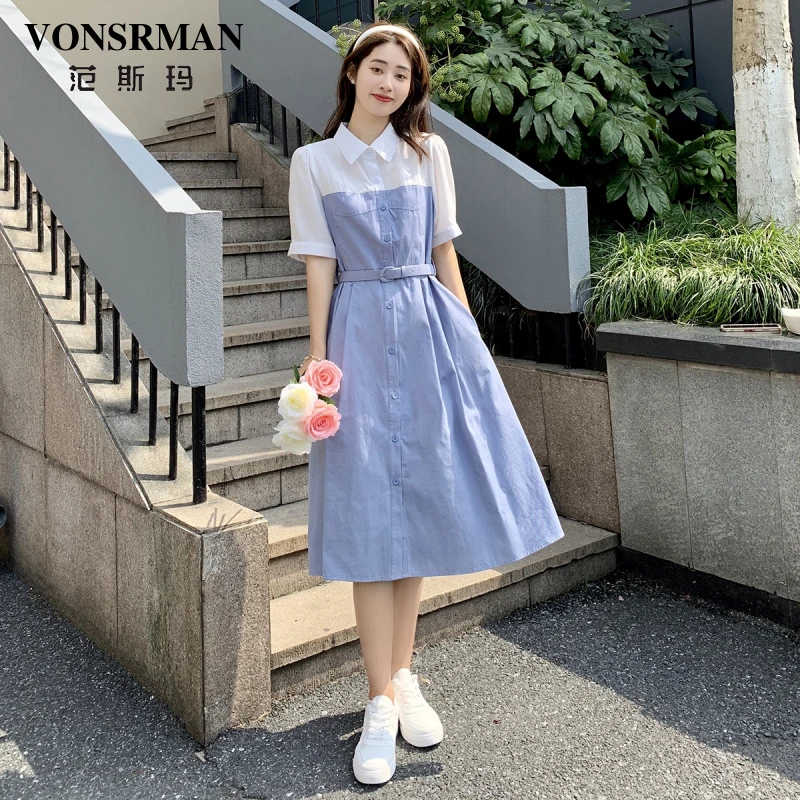 蓝色衬衫连衣裙女2025夏季新款气质小个子显瘦收腰法式桔梗拼接裙