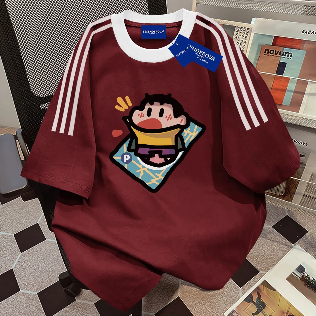 100%纯棉2025三条杠情侣款短袖t恤夏季新款宽松上衣韩版卡通印花