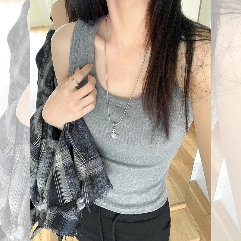 2025年夏季新款U领吊带背心女纯欲外穿美背漏腰无袖上衣