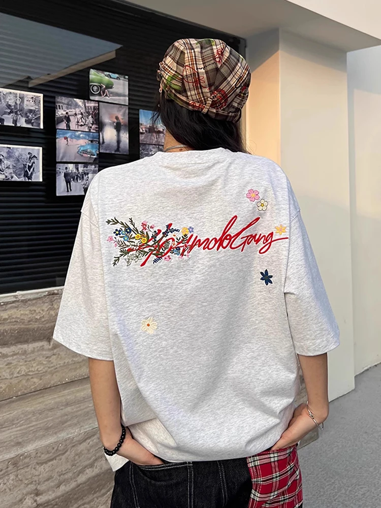 美式复古手写花卉刺绣短袖t恤男女夏季新款纯棉宽松潮牌情侣上衣