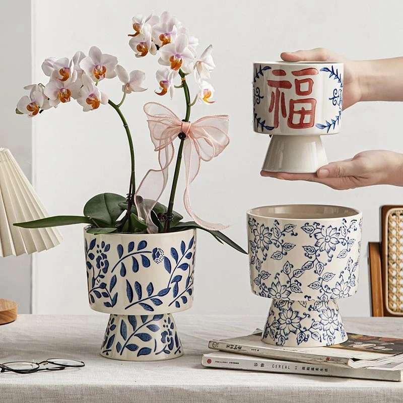 青花瓷纹蝴蝶兰陶瓷花盆中国风室内装饰复古瓷器绿植花卉通用盆