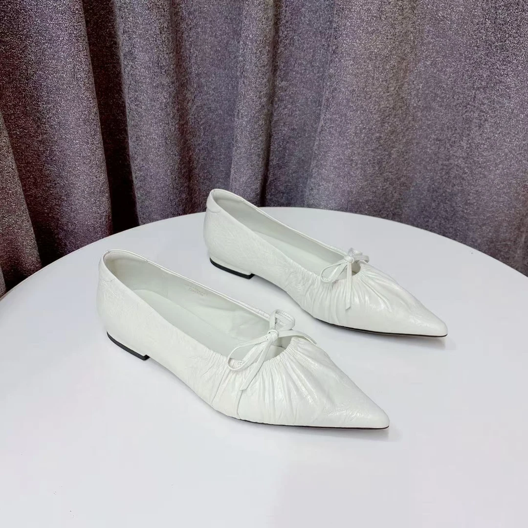 C5945 白色 时尚裂纹真皮低跟法式2025新款蝴蝶结尖头女单鞋