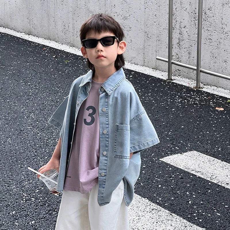 儿童短袖牛仔衬衫外套夏季中大童男童衬衣韩版潮
