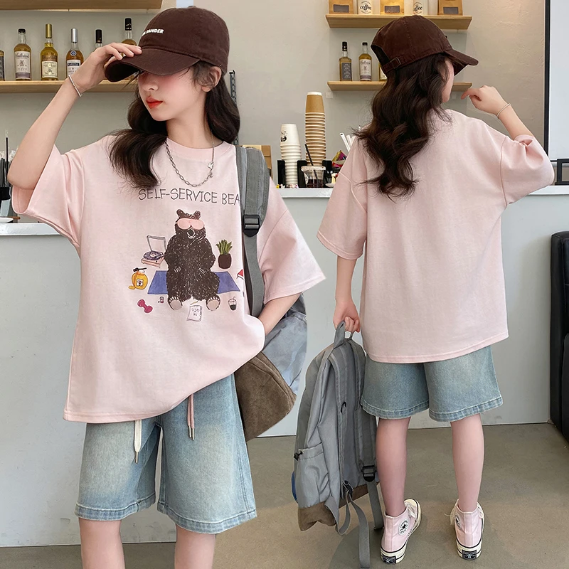 女童夏季甜美韩版短袖T恤2025新款6-12-15岁中大儿童时尚牛仔中裤